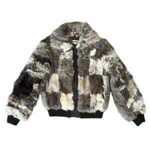 The Furworks Women’s Vintage Collared Rabbit Fur Checkerboard Bomber Jacket XS